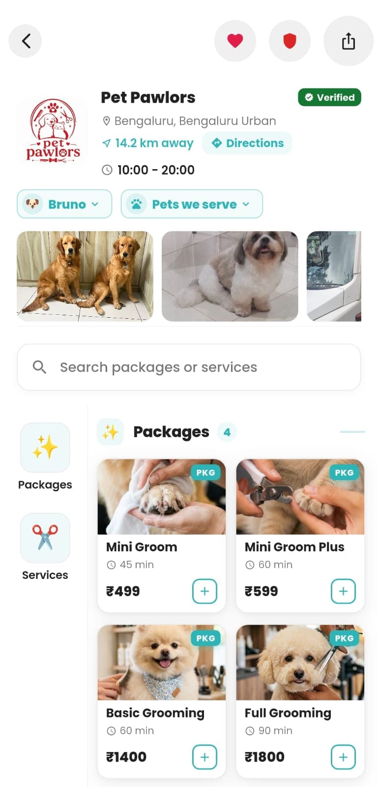 A groomer's page with photos and bookable packages