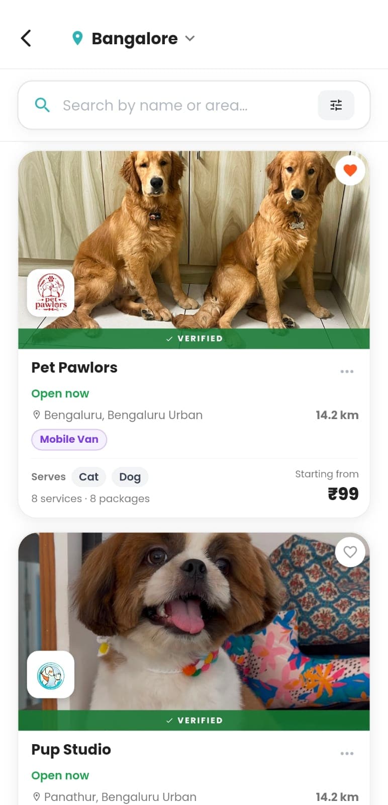 Grooming listings with verified badges and starting prices