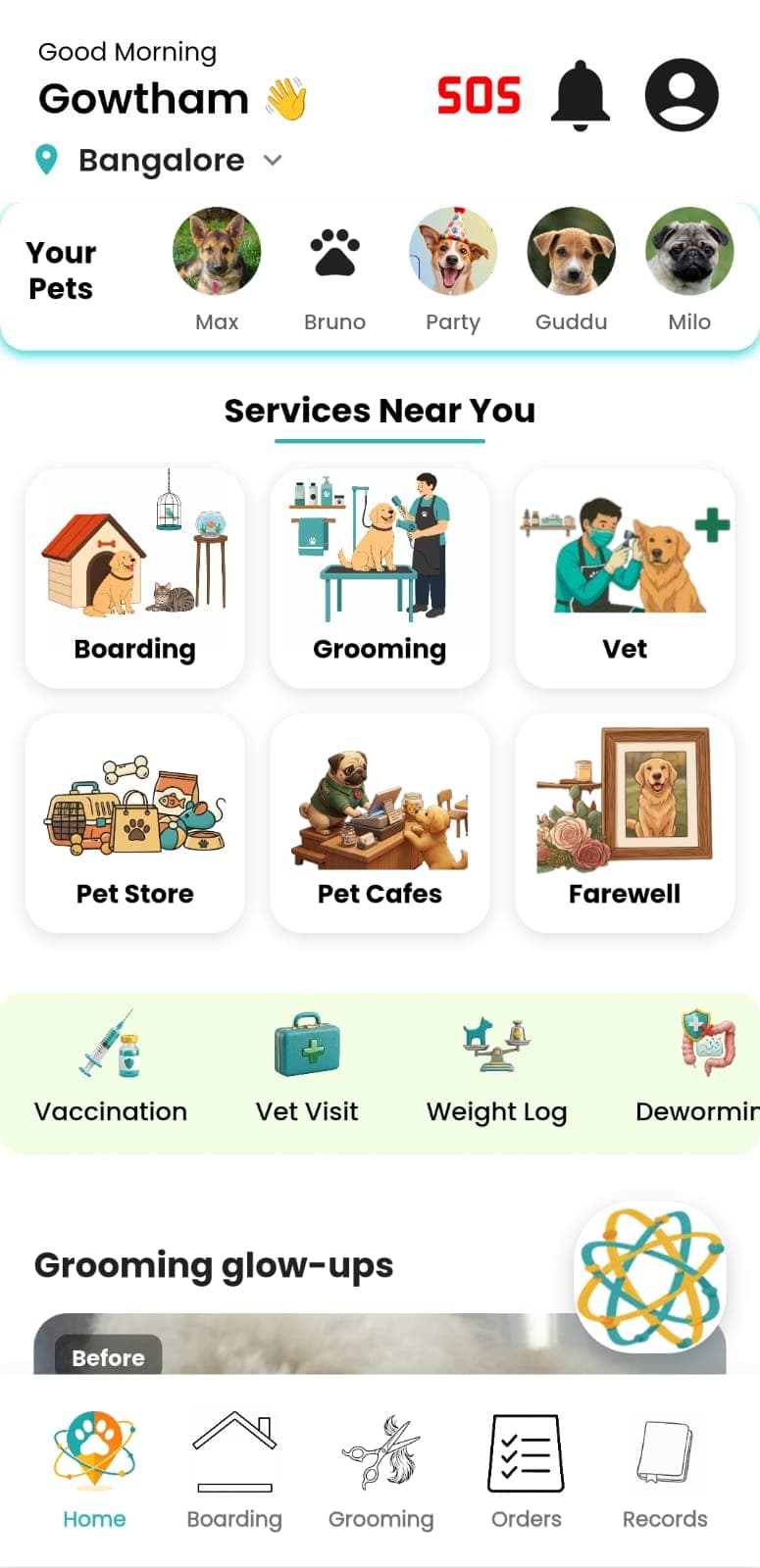 App home screen with the user's pets and nearby services
