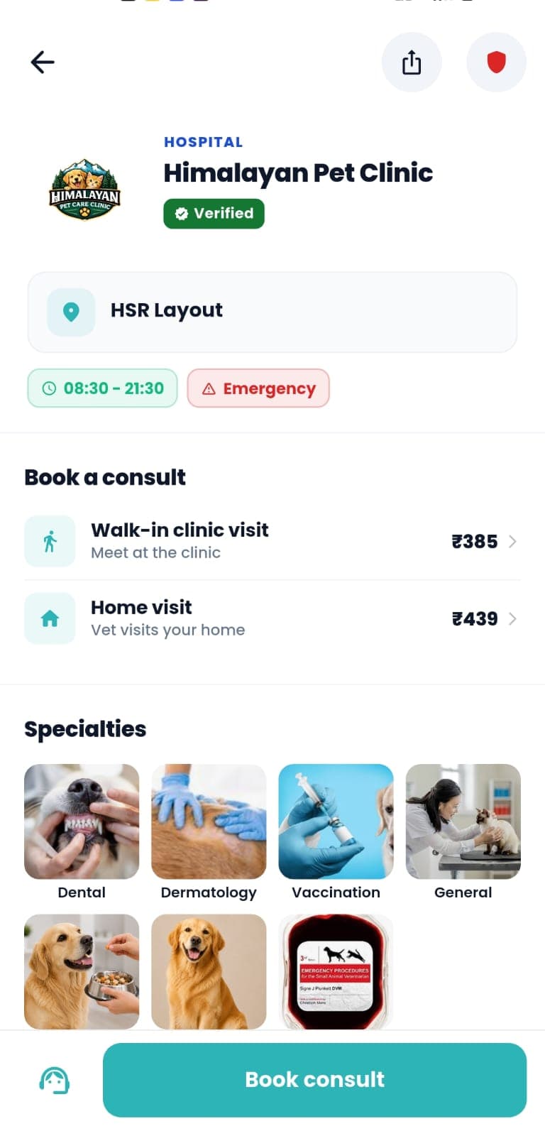 A vet clinic page with consult options and specialties