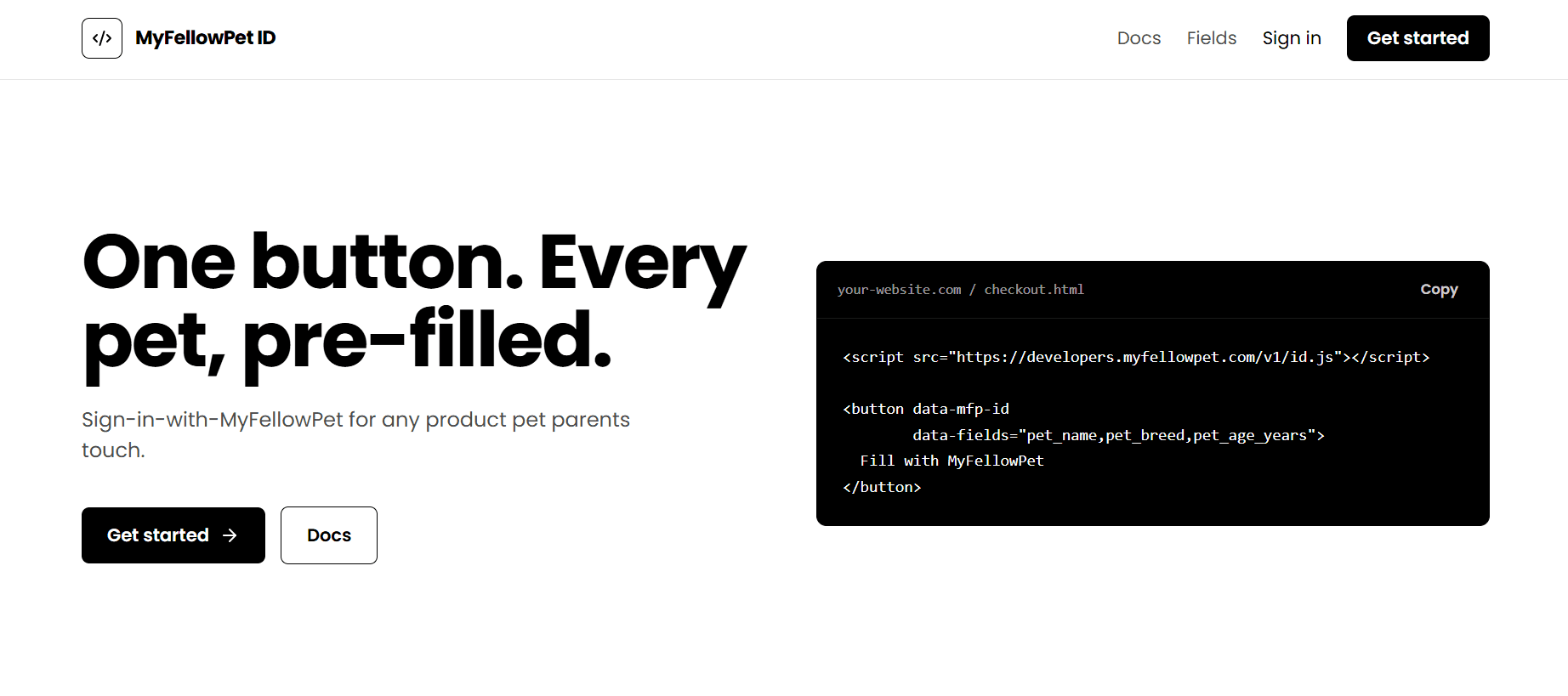Developer platform landing page showing the embeddable script tag