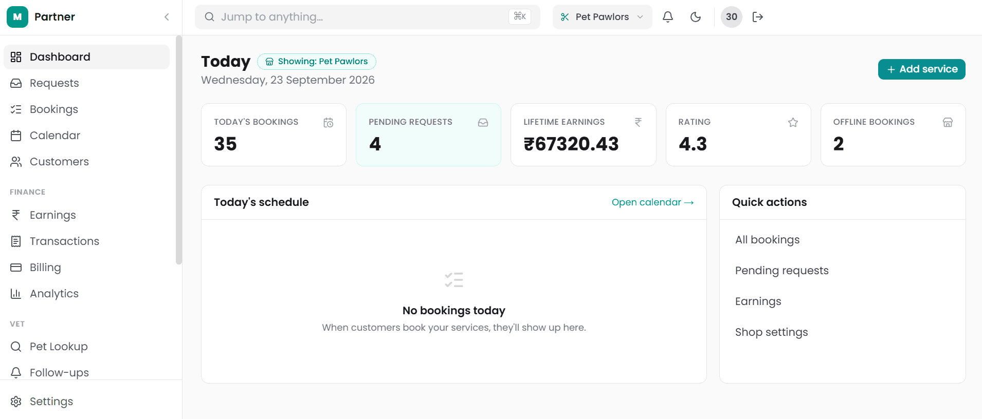 Partner dashboard showing bookings, earnings and quick actions